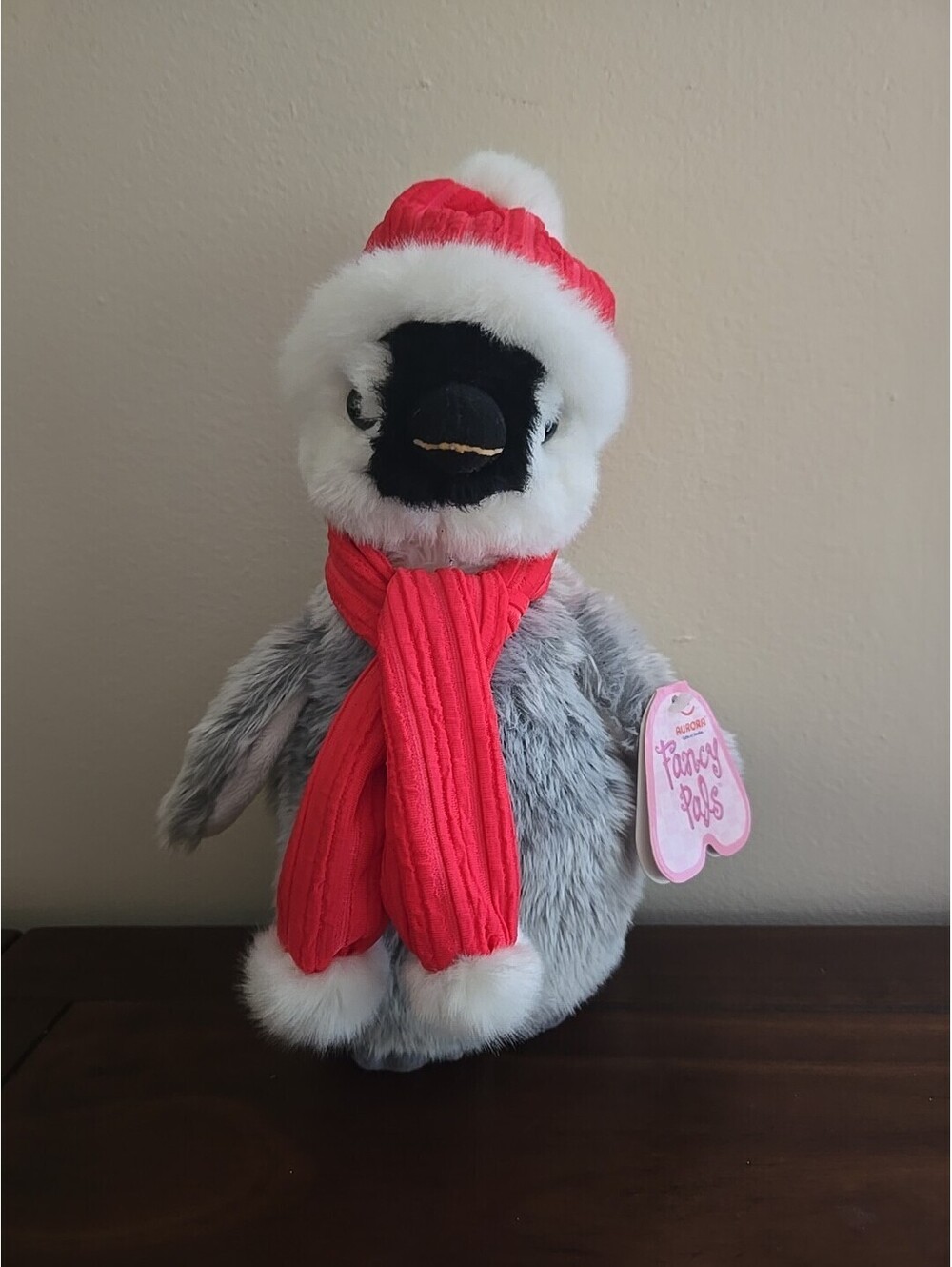 Aurora Fancy Pals Penguin Red Scarf Pink Santa Hat 11" Plush Stuffed Christmas